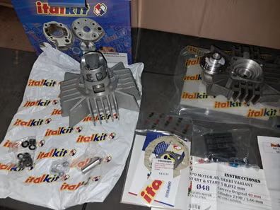 kit trucaje 75cc italkit derbi variant start y start 5. lote: cajon de laminas con dos toberas y kit cilindro completo 75cc.
